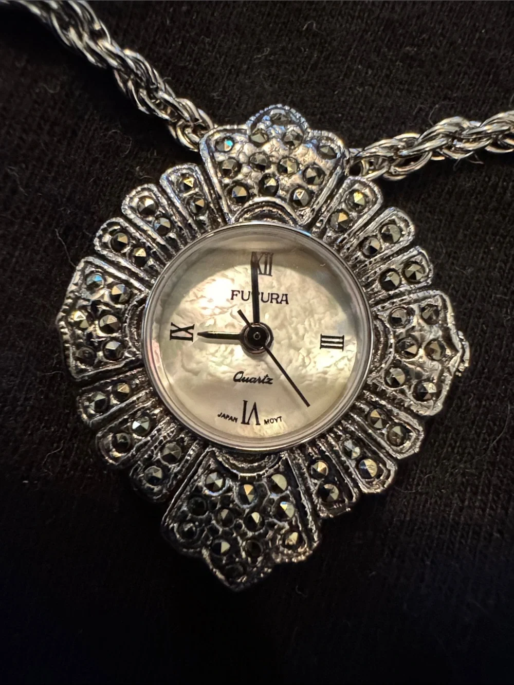 Vintage rare Futuro watch Silver Rope Chain Necklace mother of pearl w/papers